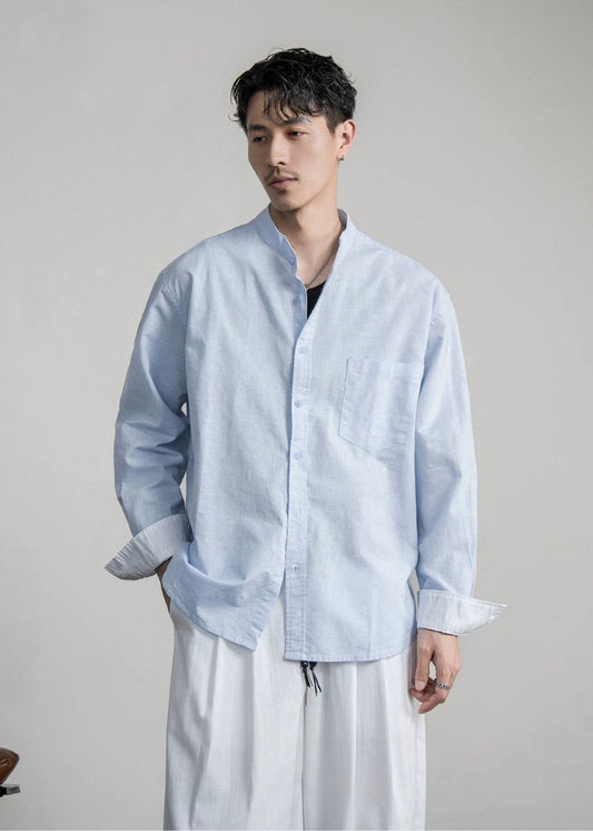 Cotton Linen Band Collar Shirt  #FS094