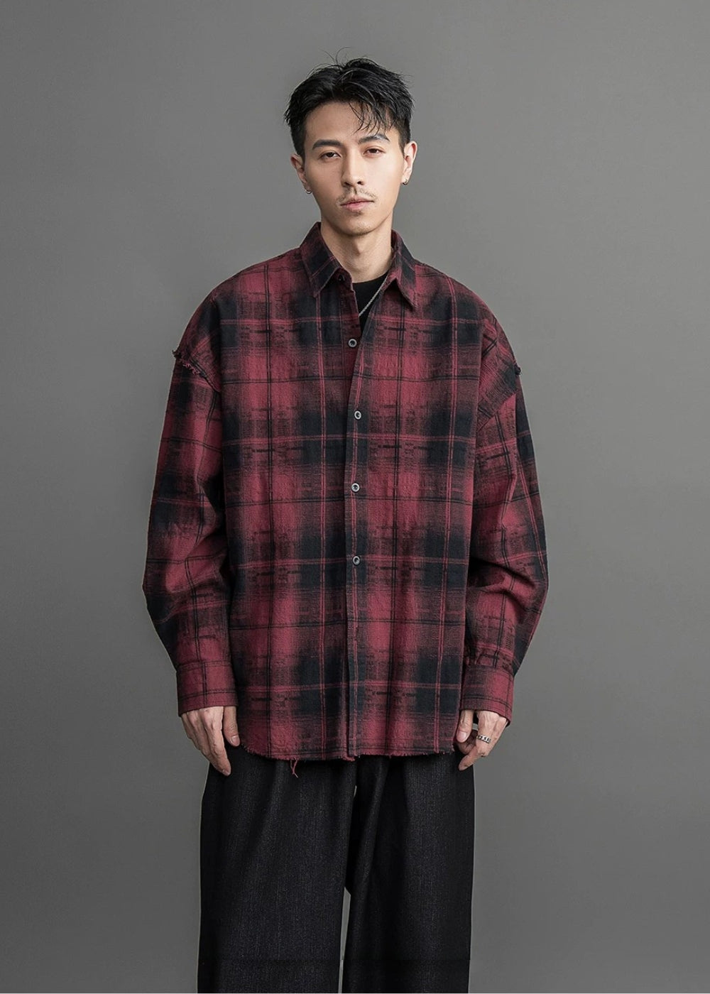 Haze Check Fray Loose Shirt  #FS053