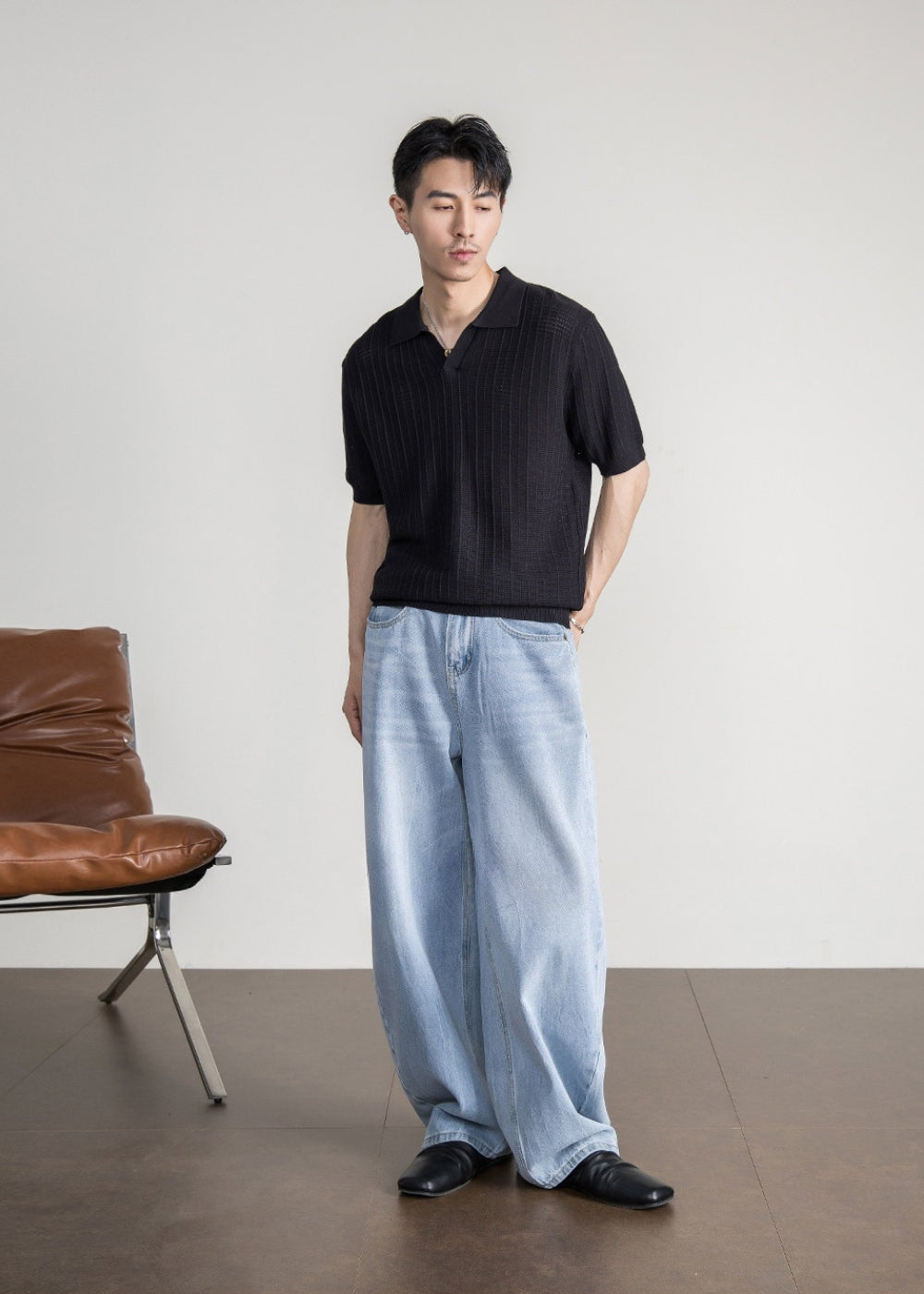 Linen Blend Seagull Neck Polo  #FS088