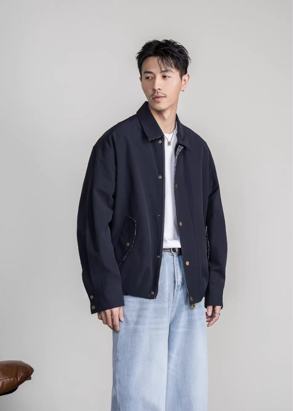 Reverse Check Zip Blouson  #FS044