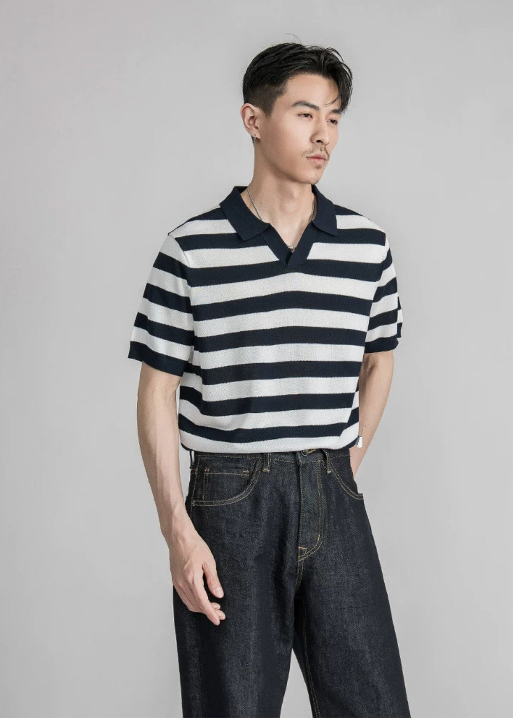 Fine Knit Silk Blend Stripe Polo  #SF002