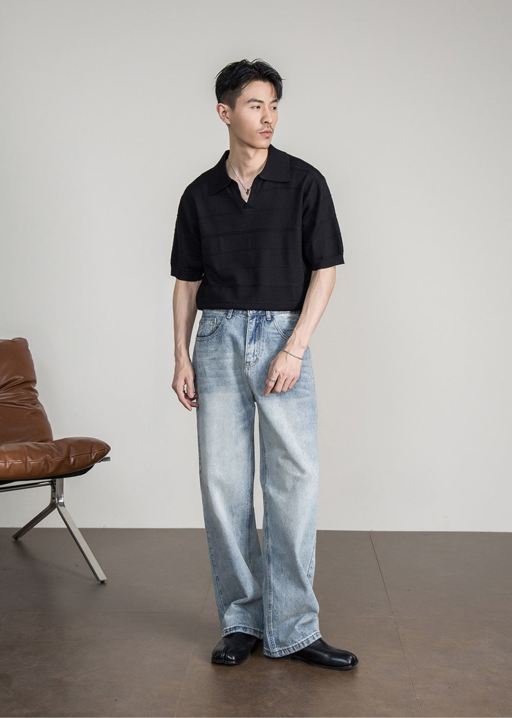 Airy Knit Open Collar Polo  #FS105