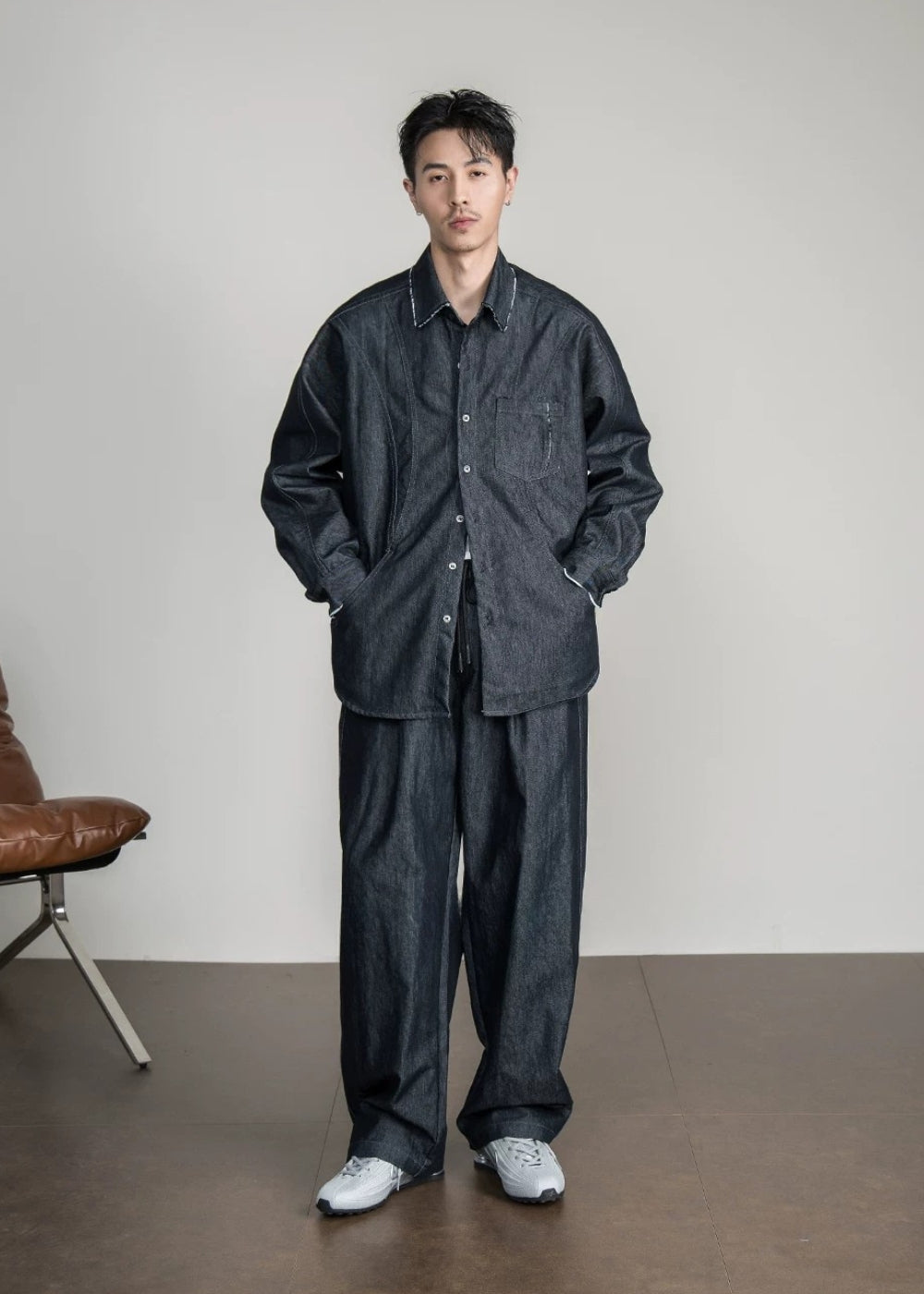 Contrast Pipe Denim Shirt Set  #FS052