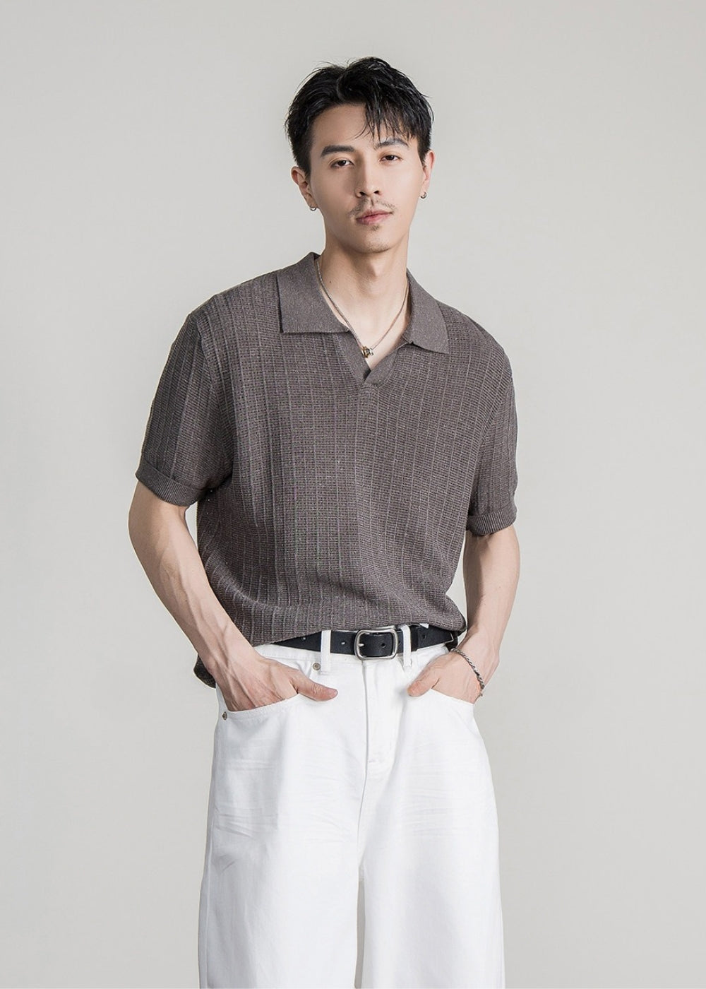 Linen Blend Seagull Neck Polo  #FS088