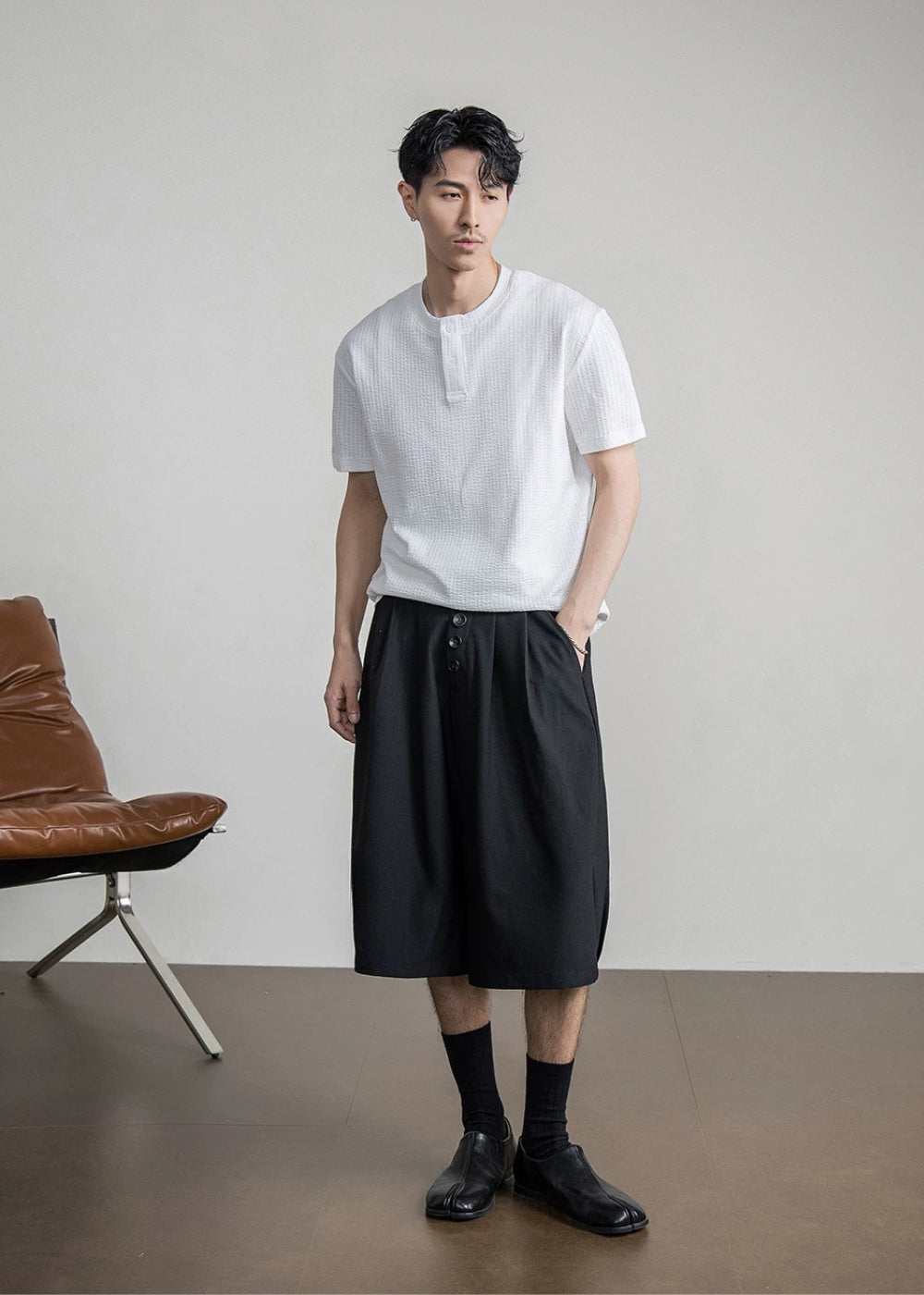 Waffle Cotton Henley Neck T-shirt  #FS096