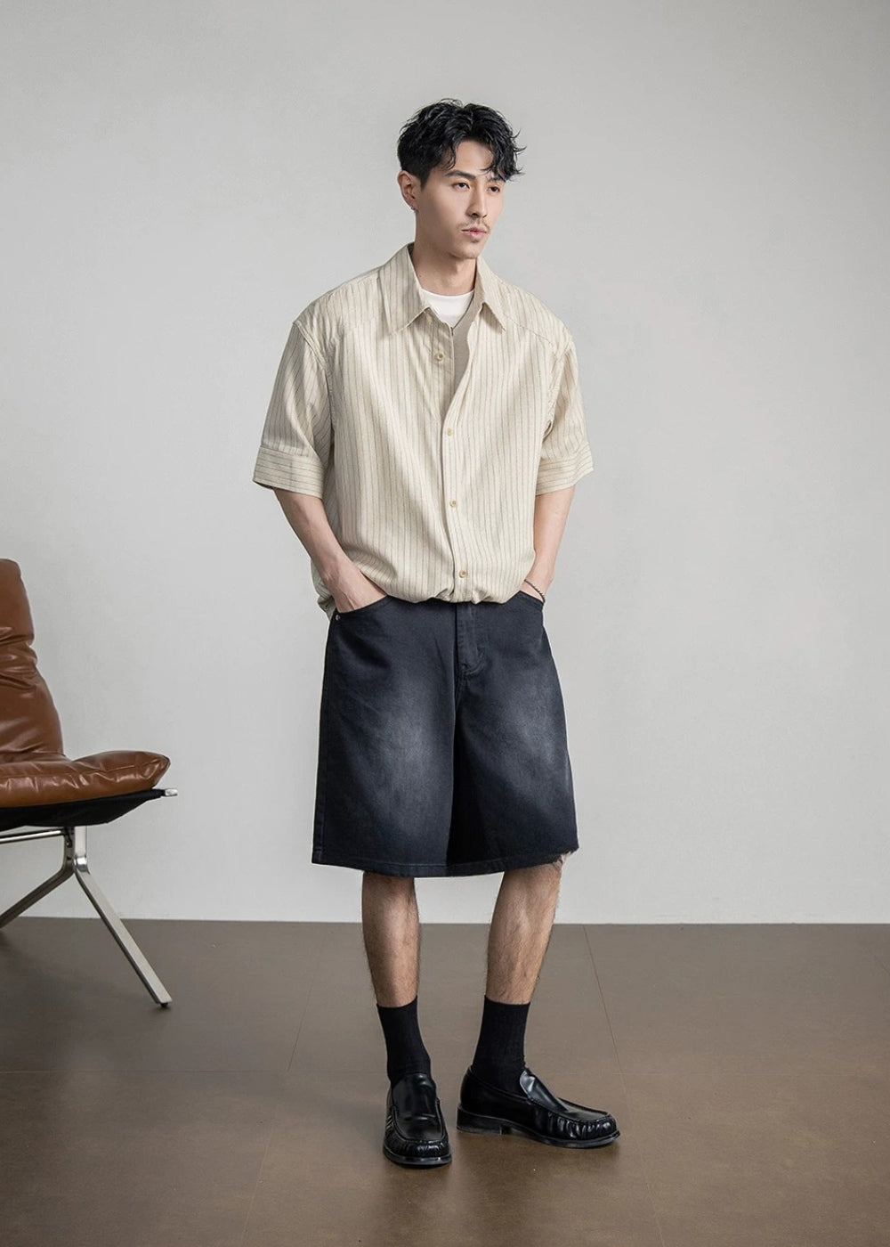 Chalk Stripe Linen Relaxed Shirt  #FS085