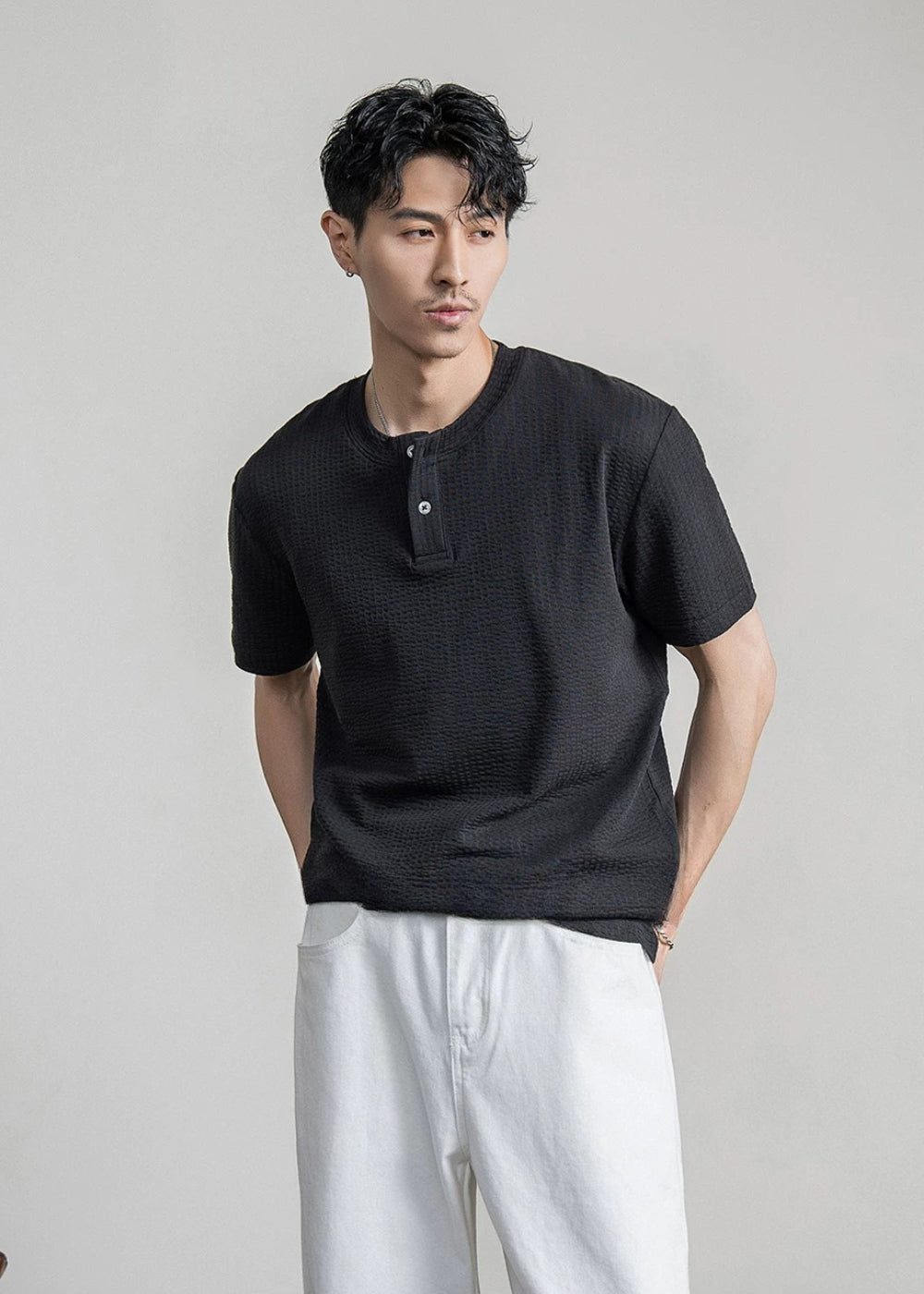 Waffle Cotton Henley Neck T-shirt  #FS096