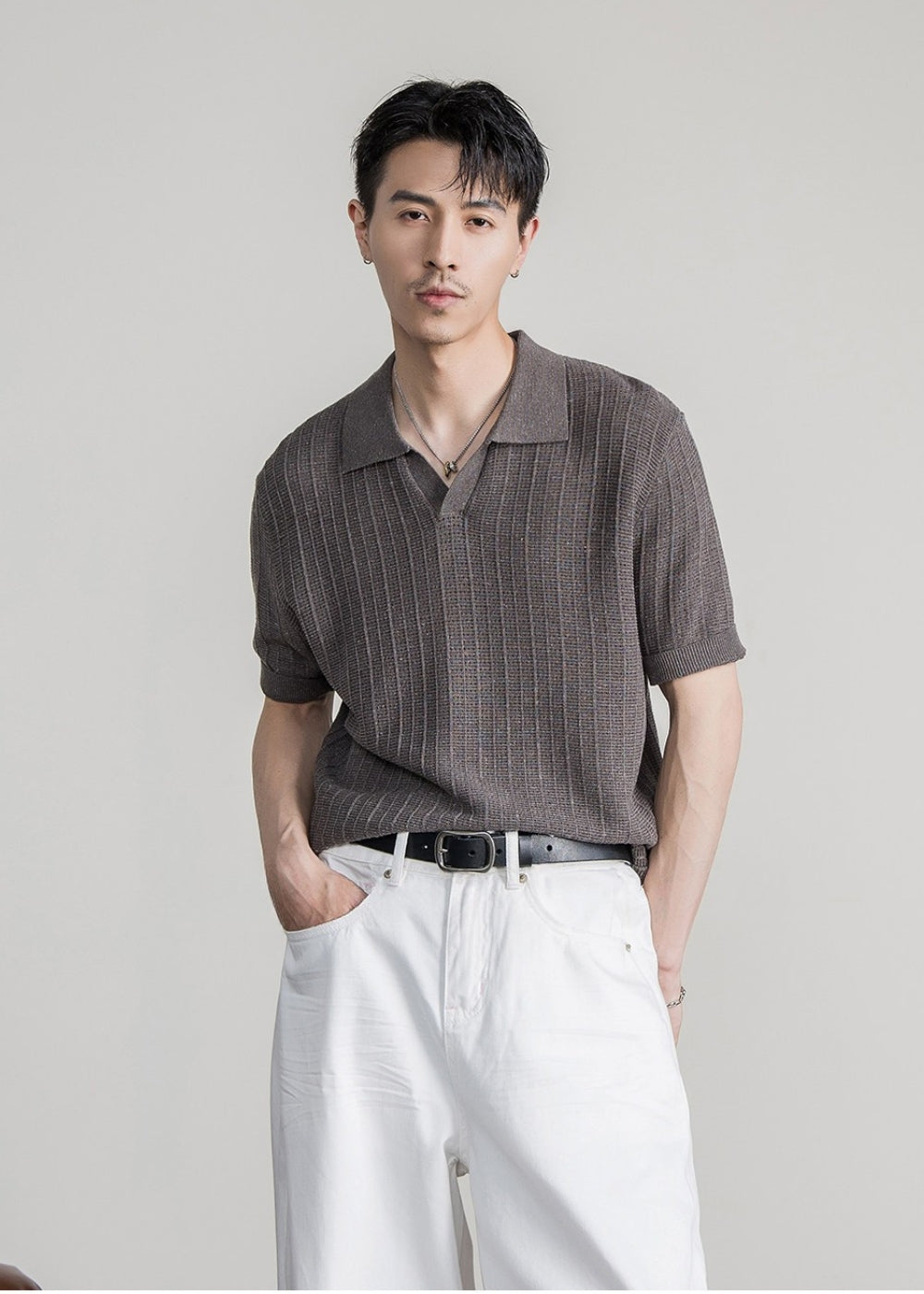 Linen Blend Seagull Neck Polo  #FS088