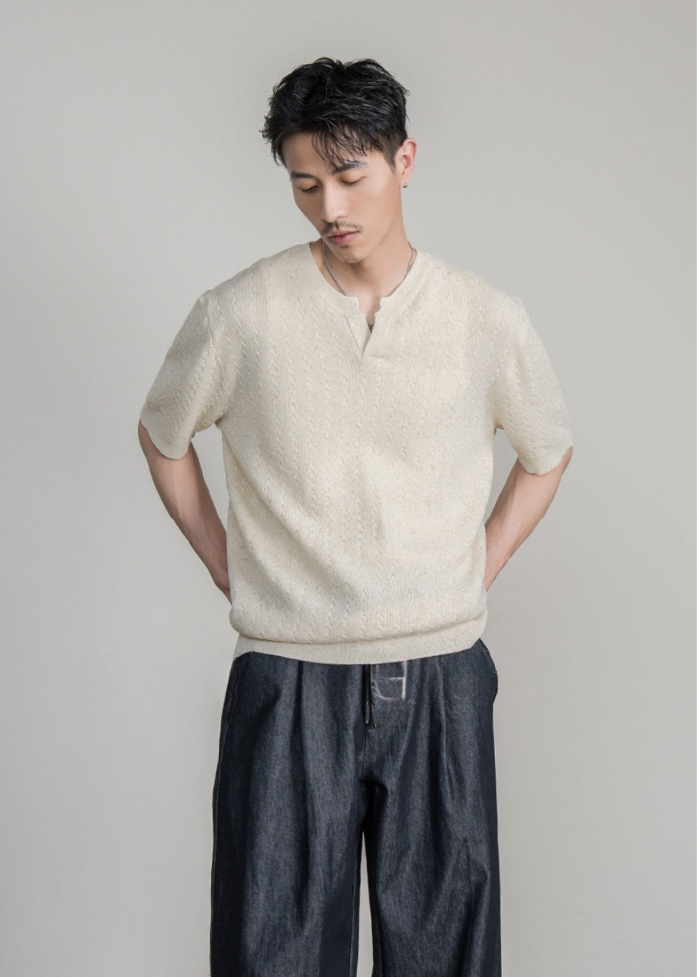 Cable Henley Knit T-shirt  #FS070