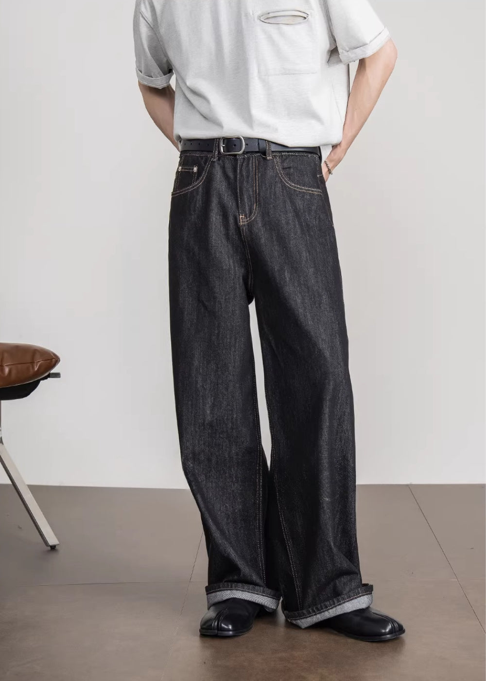 Cinch Back Wide Straight Denim  #FS043