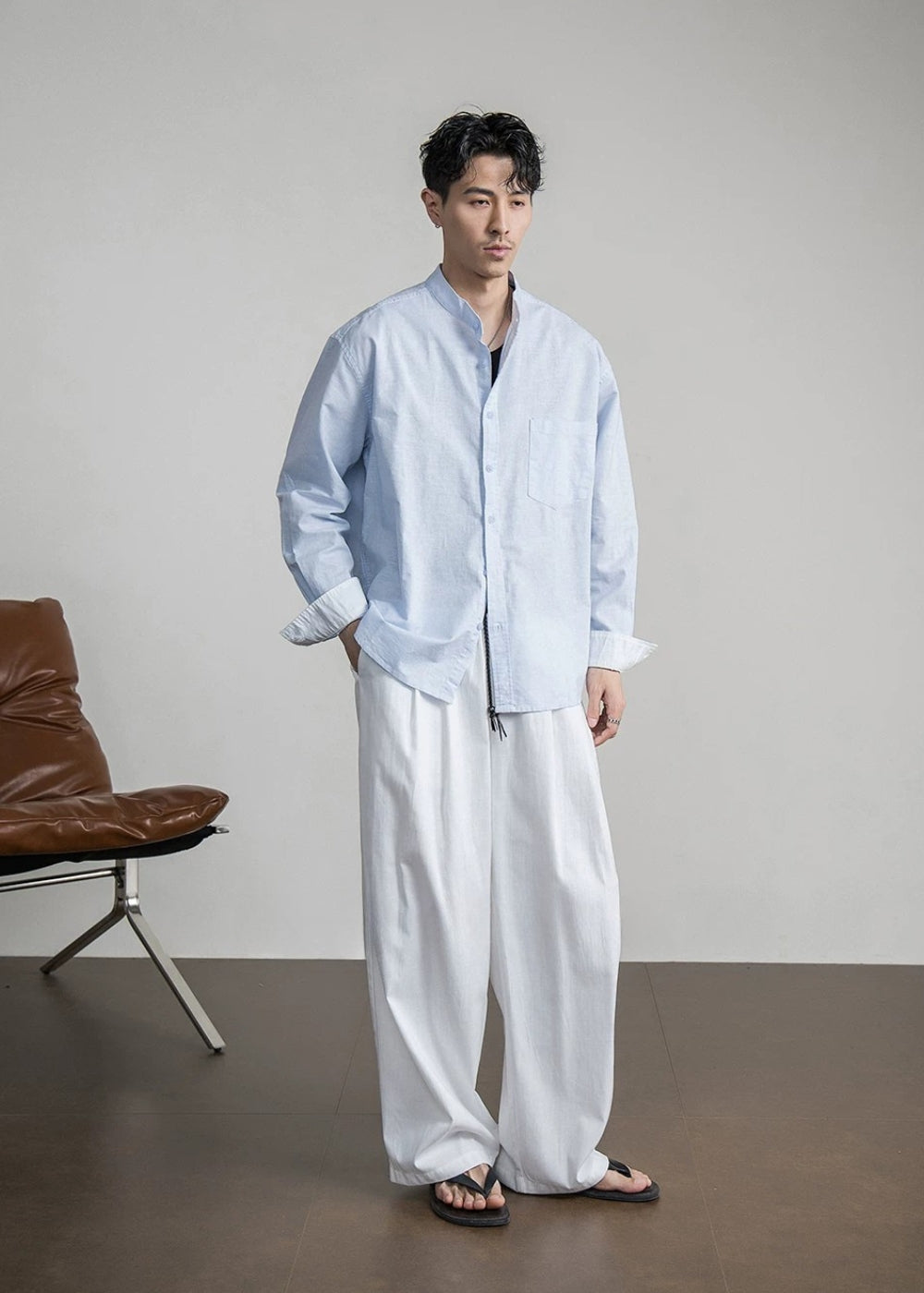 Cotton Linen Band Collar Shirt  #FS094