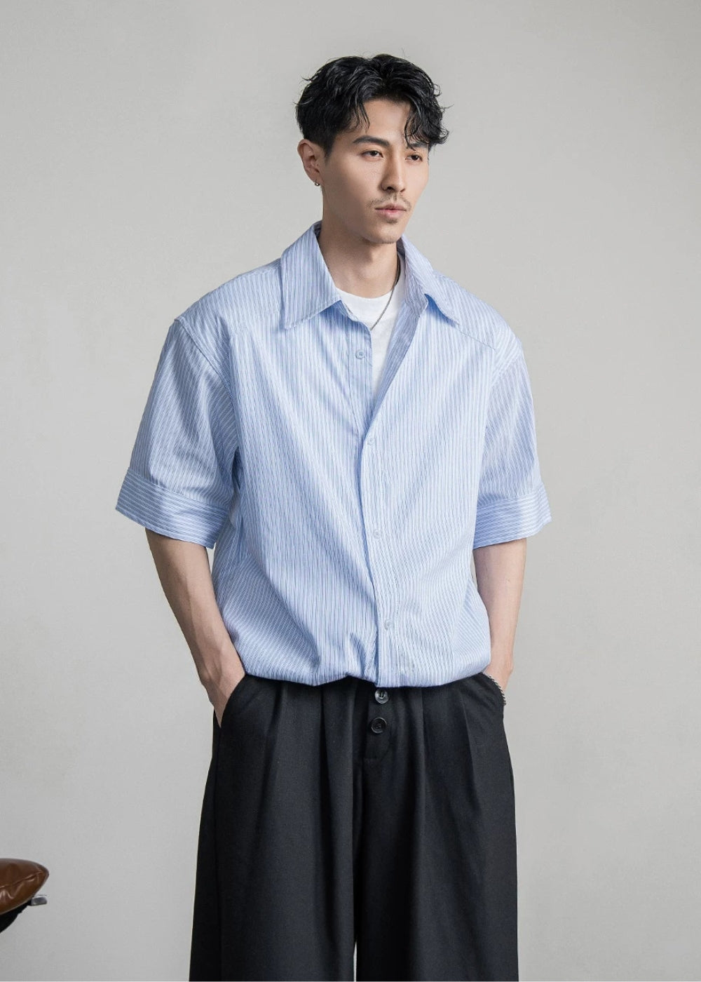 Chalk Stripe Linen Relaxed Shirt  #FS085