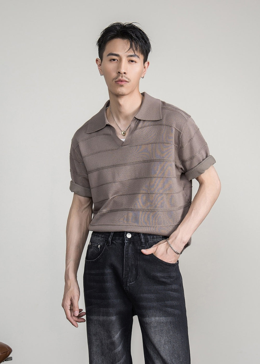 Airy Knit Open Collar Polo  #FS105