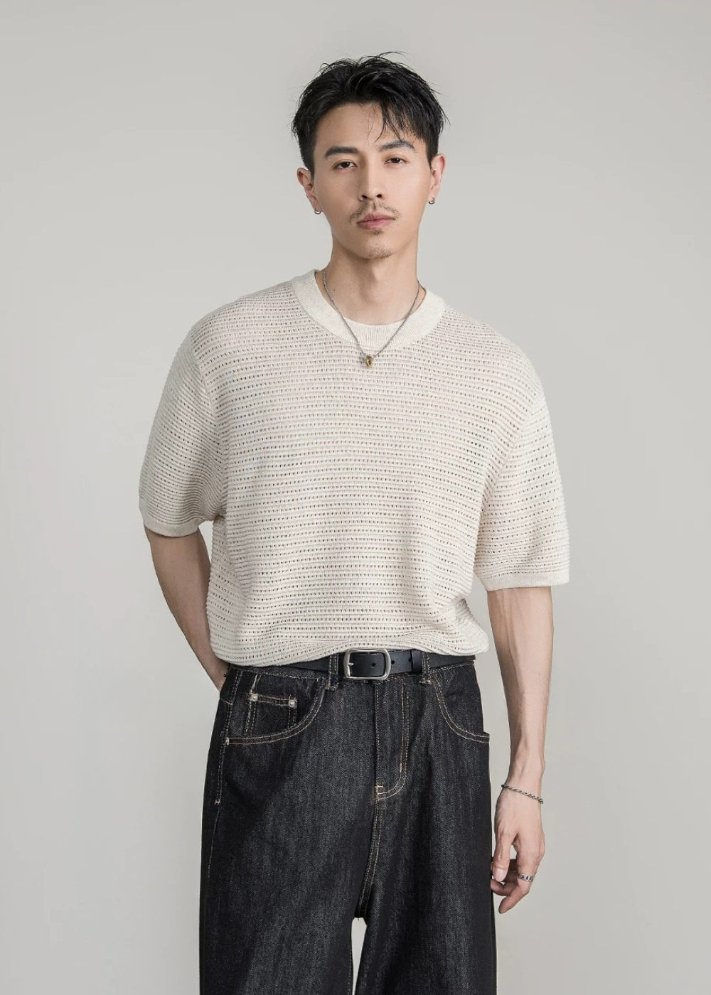 Open Knit Crew T-Shirt  #FS086