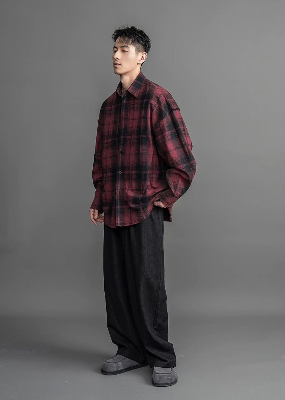 Haze Check Fray Loose Shirt  #FS053