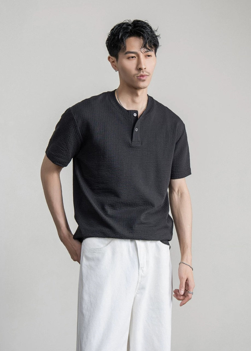 Waffle Cotton Henley Neck T-shirt  #FS096