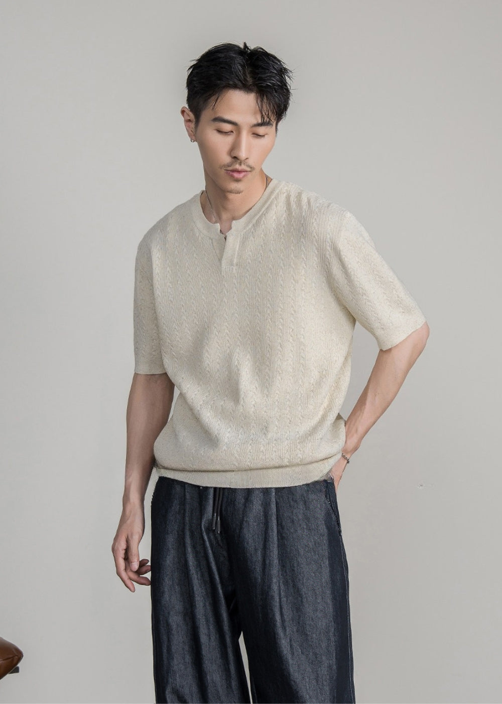 Cable Henley Knit T-shirt  #FS070