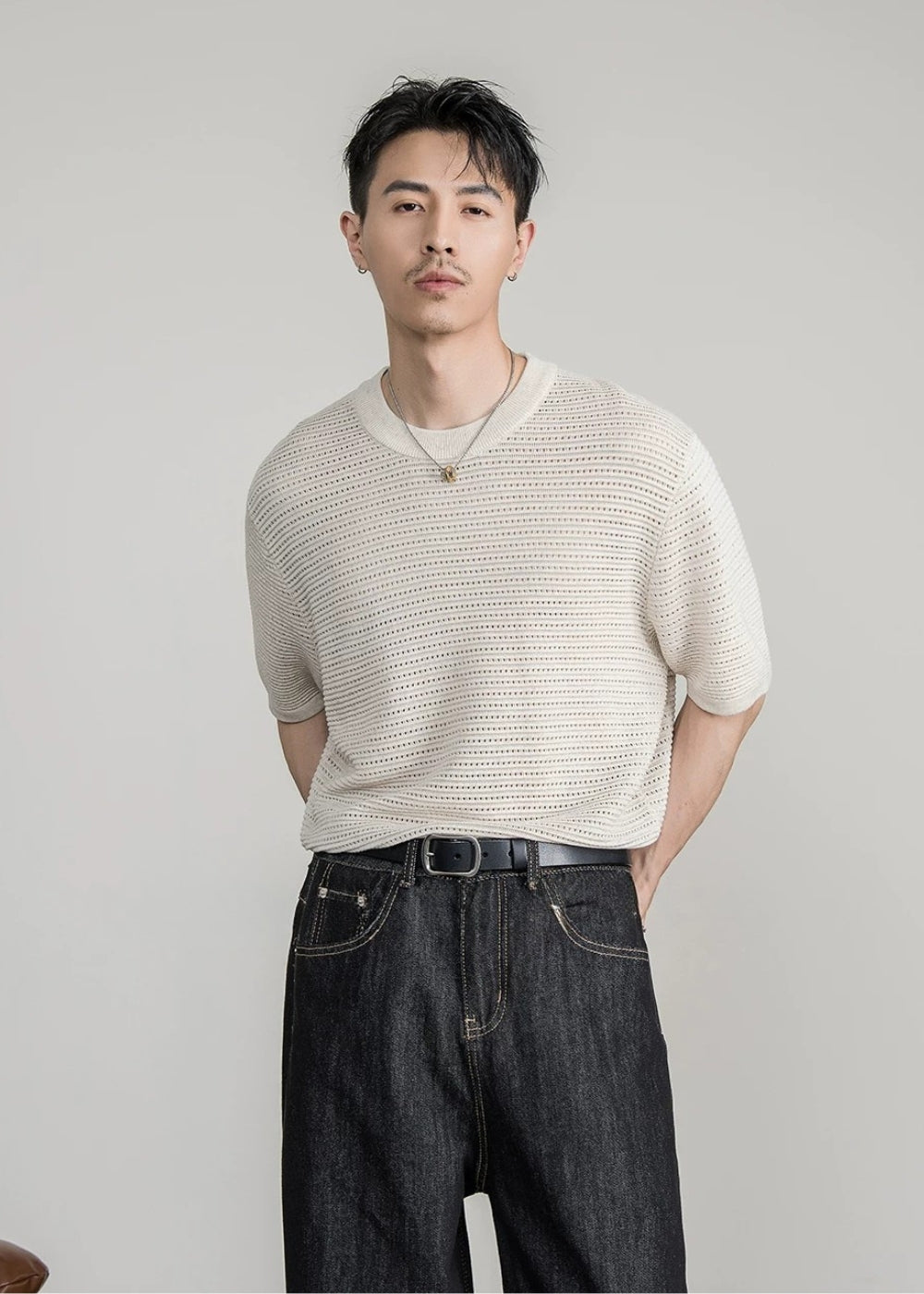 Open Knit Crew T-Shirt  #FS086