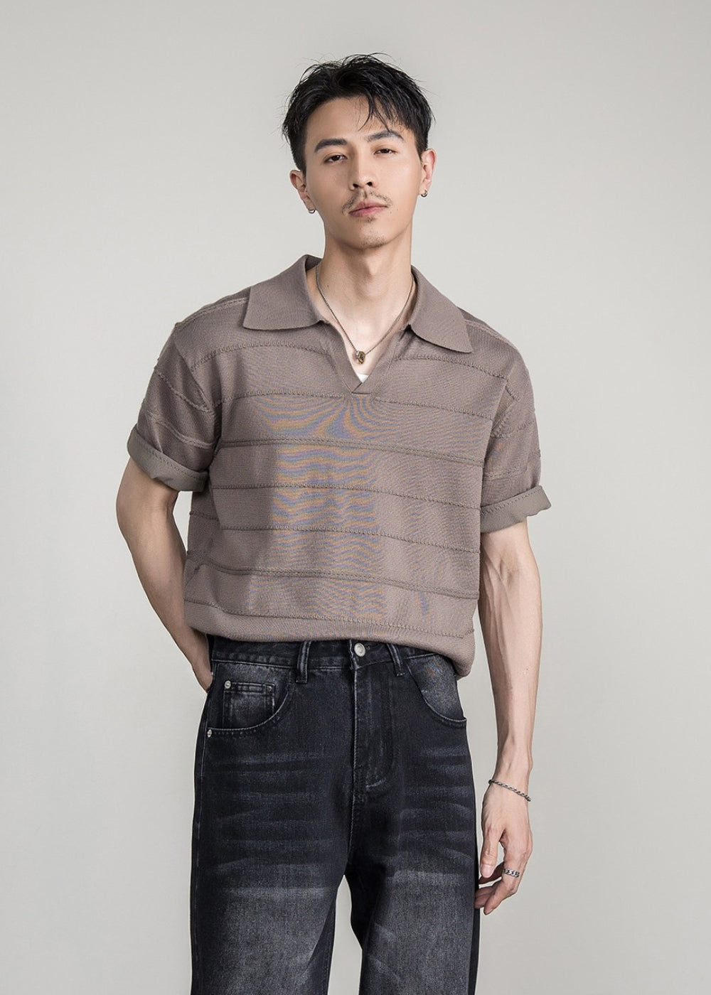 Airy Knit Open Collar Polo  #FS105