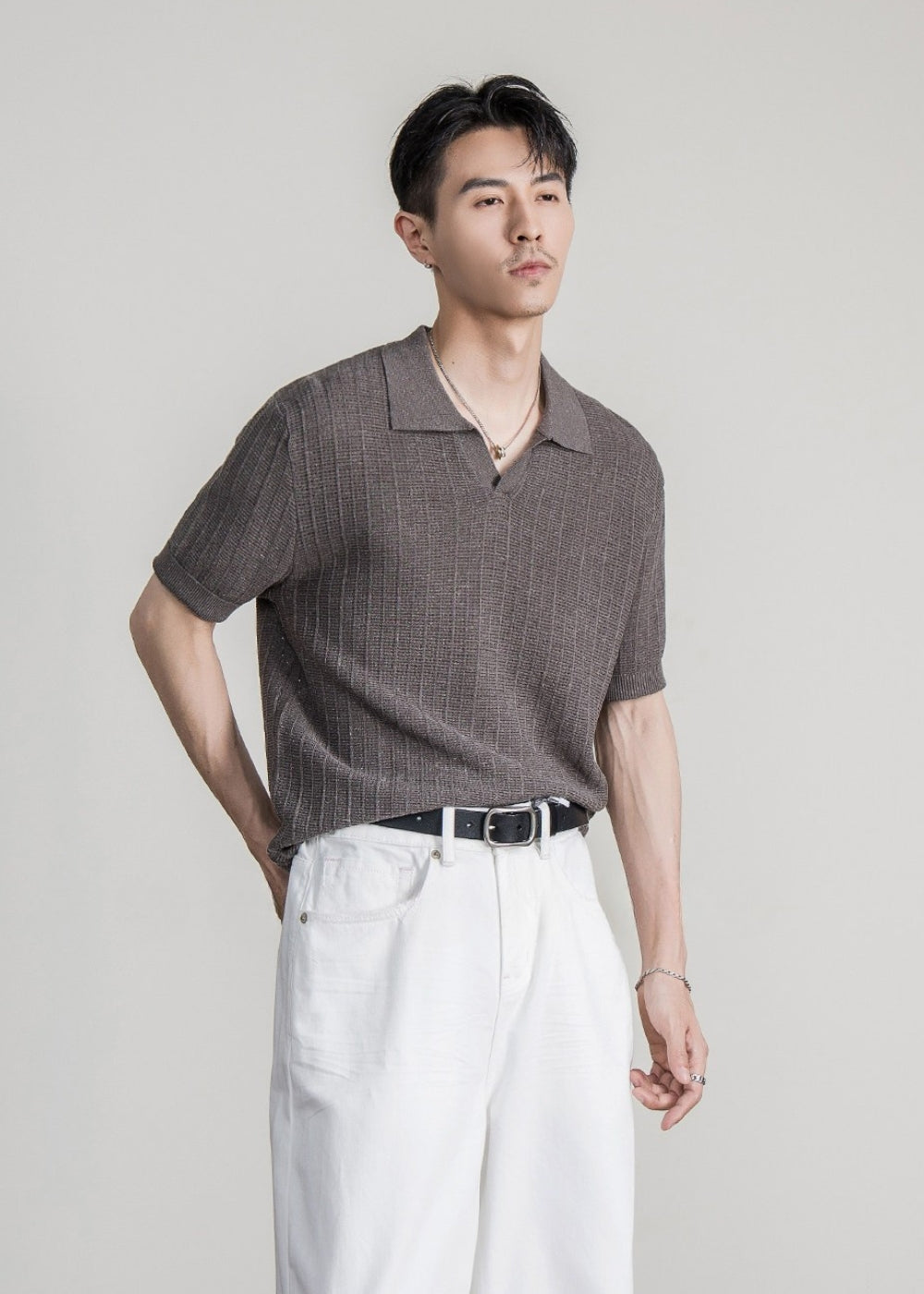 Linen Blend Seagull Neck Polo  #FS088