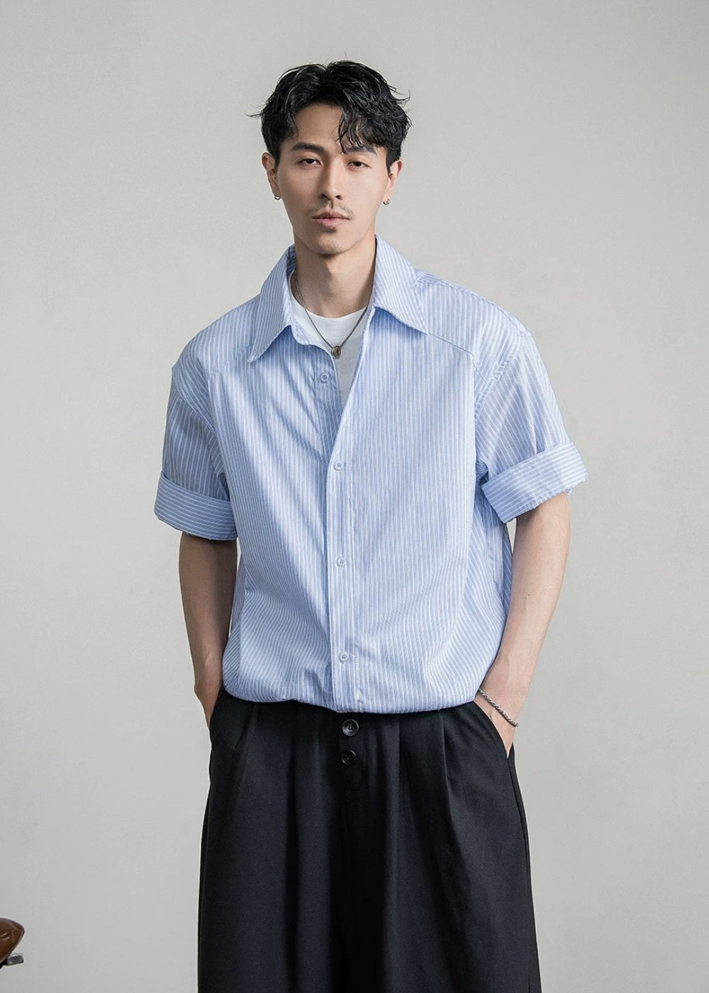 Chalk Stripe Linen Relaxed Shirt  #FS085