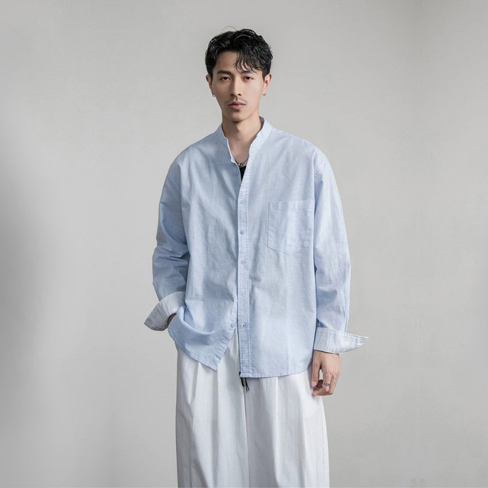 Cotton Linen Band Collar Shirt  #FS094
