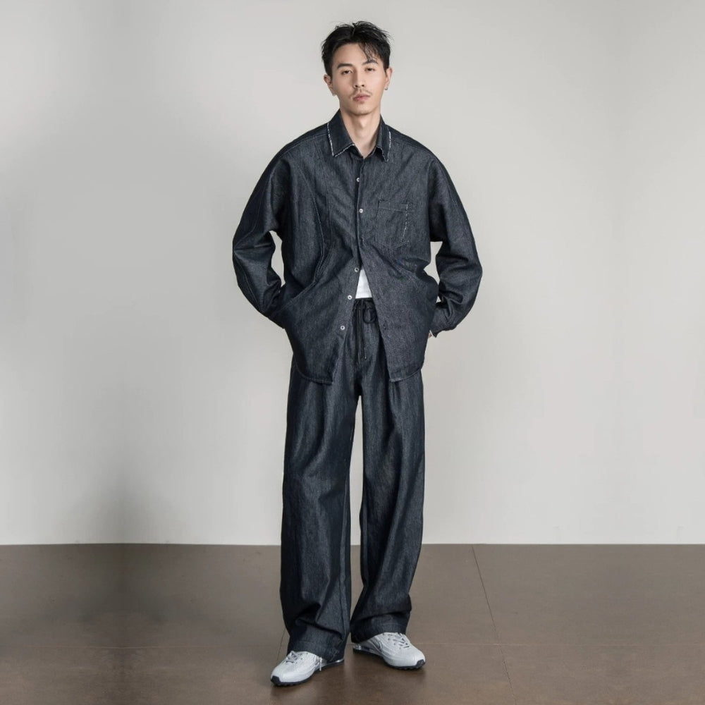 Contrast Pipe Denim Shirt Set  #FS052