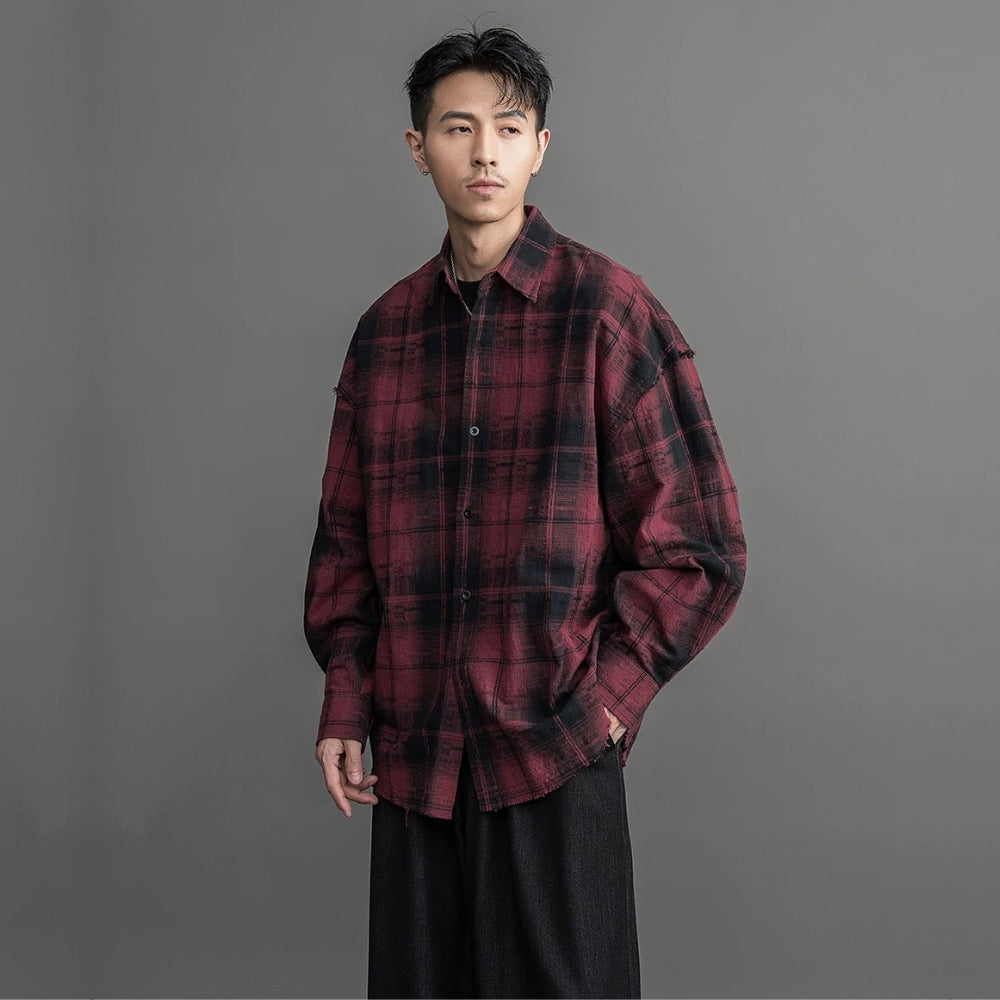 Haze Check Fray Loose Shirt  #FS053
